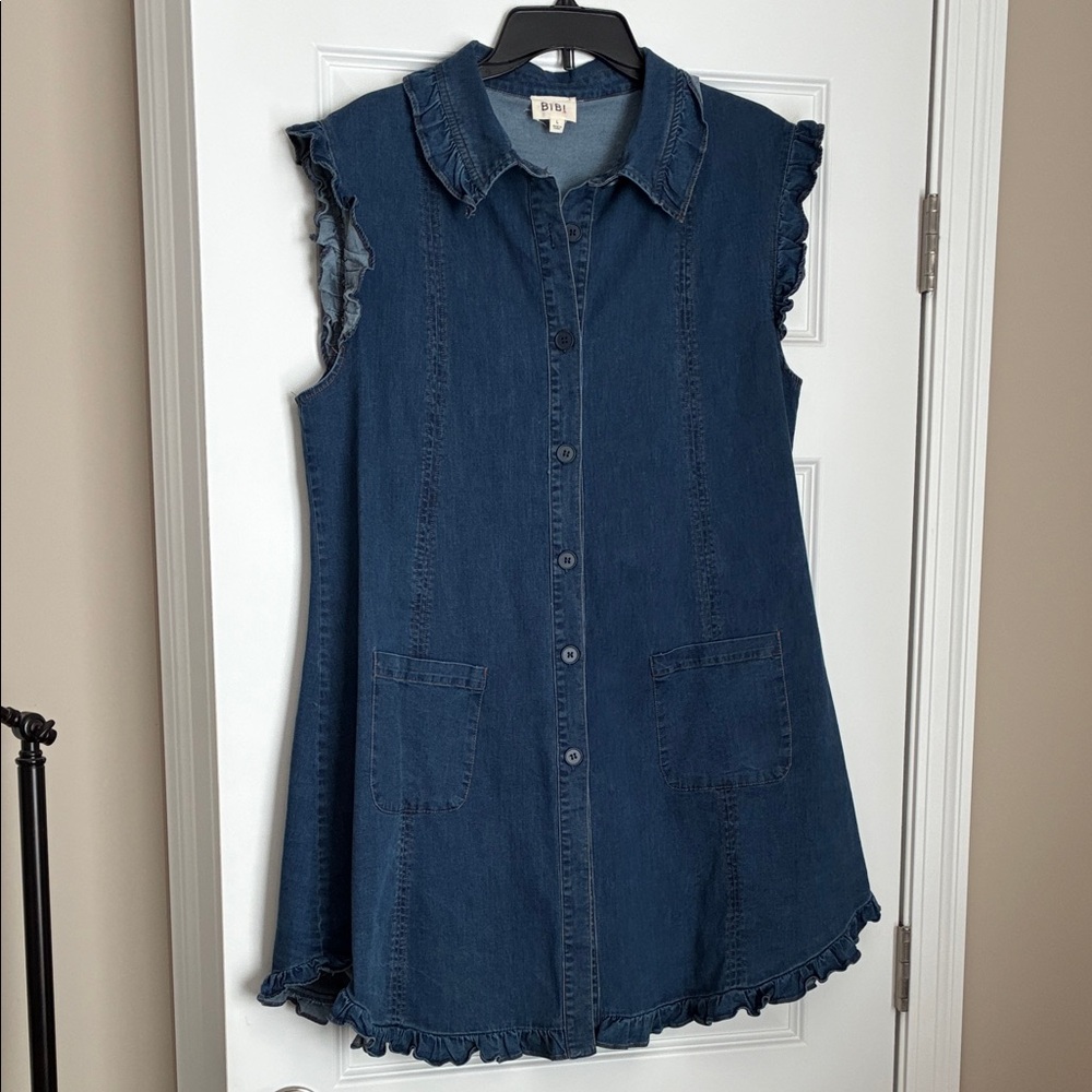 BiBi Dark Blue Denim Sleeveless Button-Front Dress with Ruffle Trim
